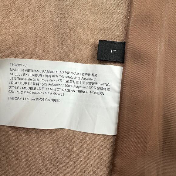 Theory Trench Coat Women Large Tan Overcoat Quiet Luxury Career Preppy Neutral - Picture 11 of 16